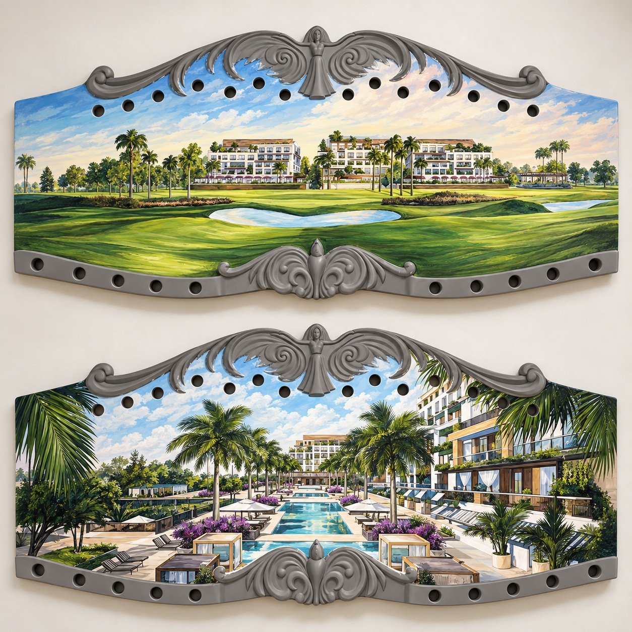 Dos cenefas con campo de golf y resort tropical