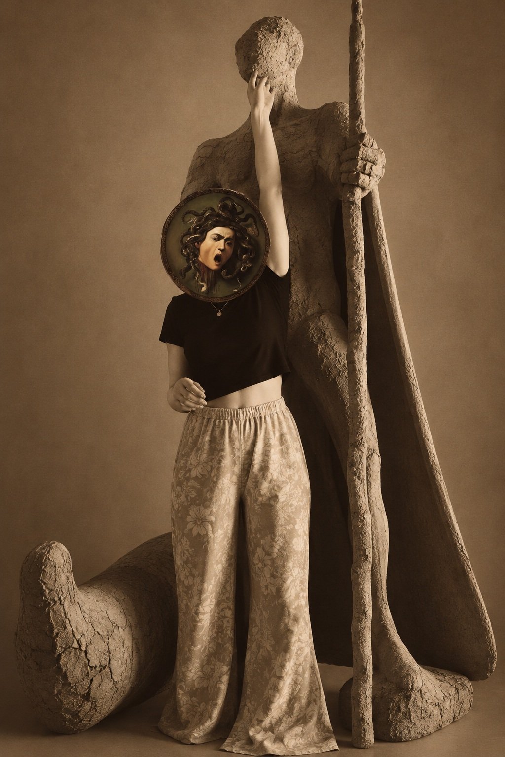 Retrato artístico en sepia de Noelia junto a una escultura, con una imagen de Medusa sobre el rostro