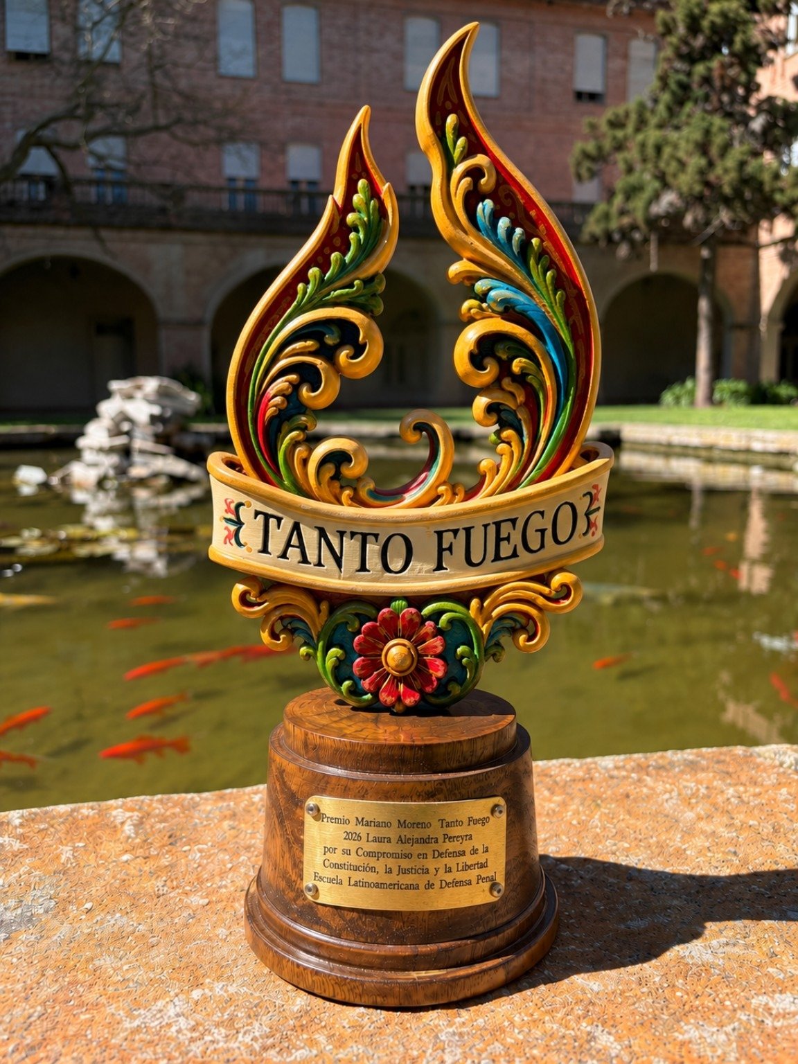 Premio Tanto fuego terminado: llamas ornamentales pintadas a mano, detalles dorados, flor central y base de madera con placa de bronce